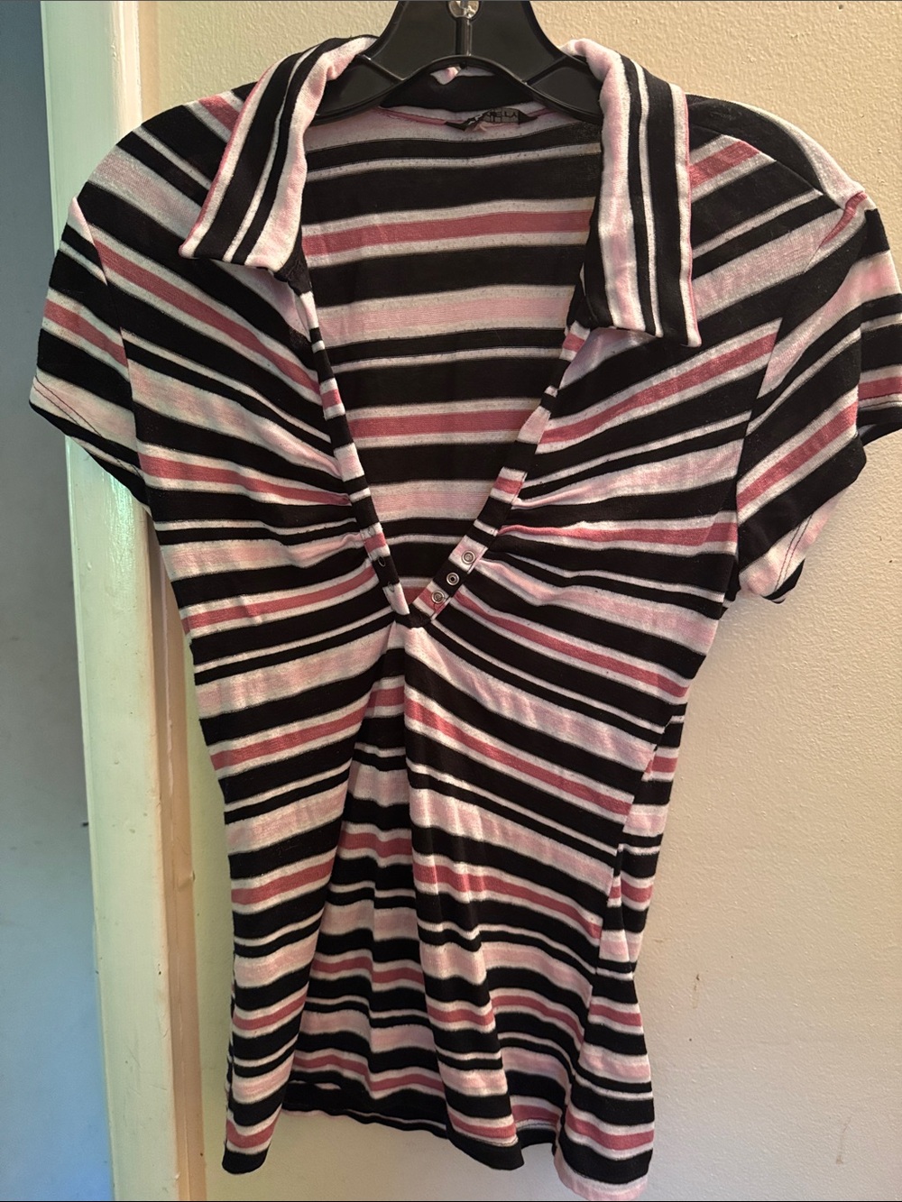 Women's Short-Sleeve Striped V-Neck Polo Top in Black, White & Pink